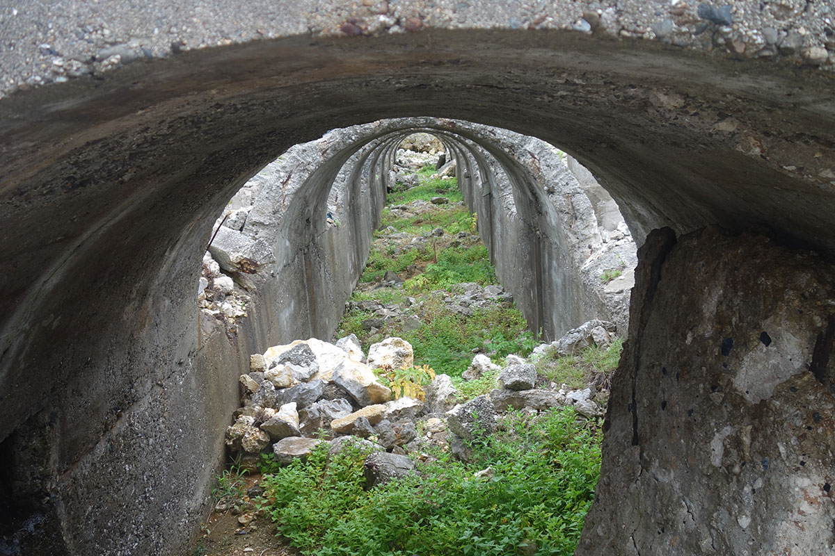 燐鉱石貯蔵庫跡にあるトロッコの通るトンネル跡